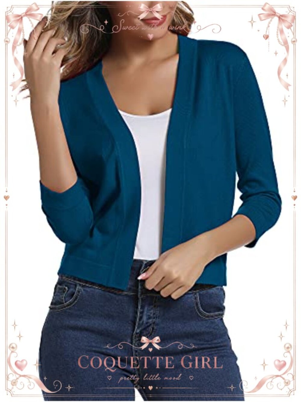 Cropped 3/4 Sleeve Open Front Cardigan Shrug Lightweight